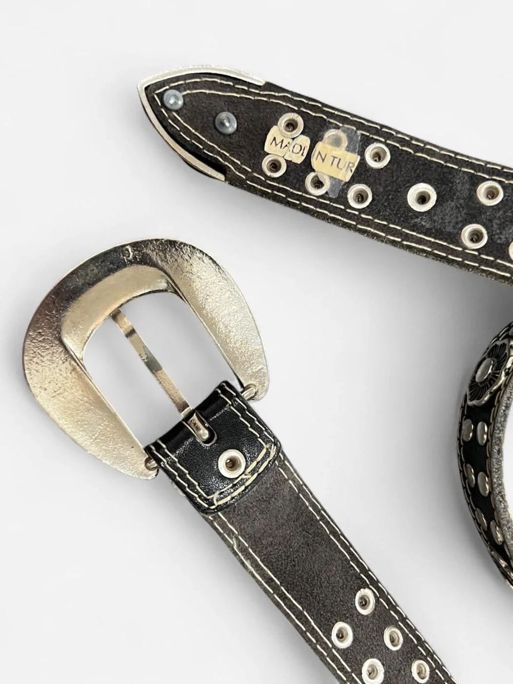 vintage western leather belt with silver studs and flowers